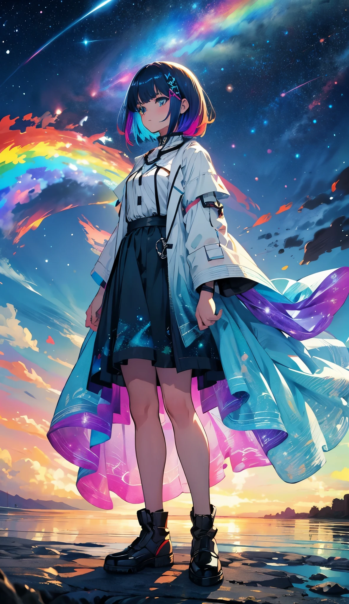 a girl with rainbow colored hair and detailed teal dress armor, standing, rainbow colored cosmic nebula background, stars, galaxies, intricate details, perfect face