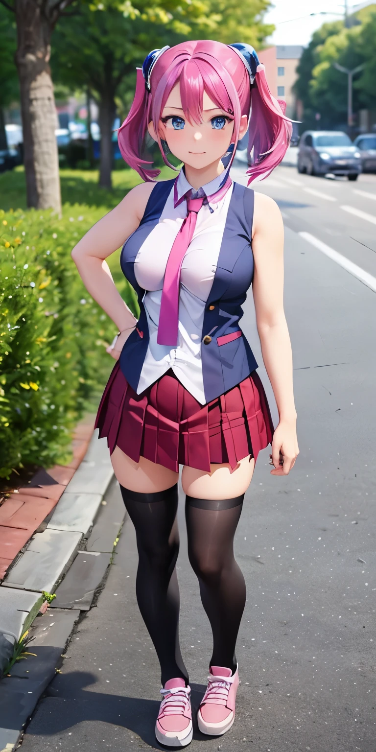 1 Female,High definition,high resolution,Ultra-realistic,8K, hy1, hair ornament, multicolored hair, blue eyes, necktie, skirt, tight skirt,miniskirt,sleeveless ,pink shoes,black thighhighs, medium breasts,European,sexy,Upper body close-up,Photographed from the front,Dynamic Angles,blush, medium tits,(full body), Multicolored hair , perfect face,detailed face, perfect face,8k
