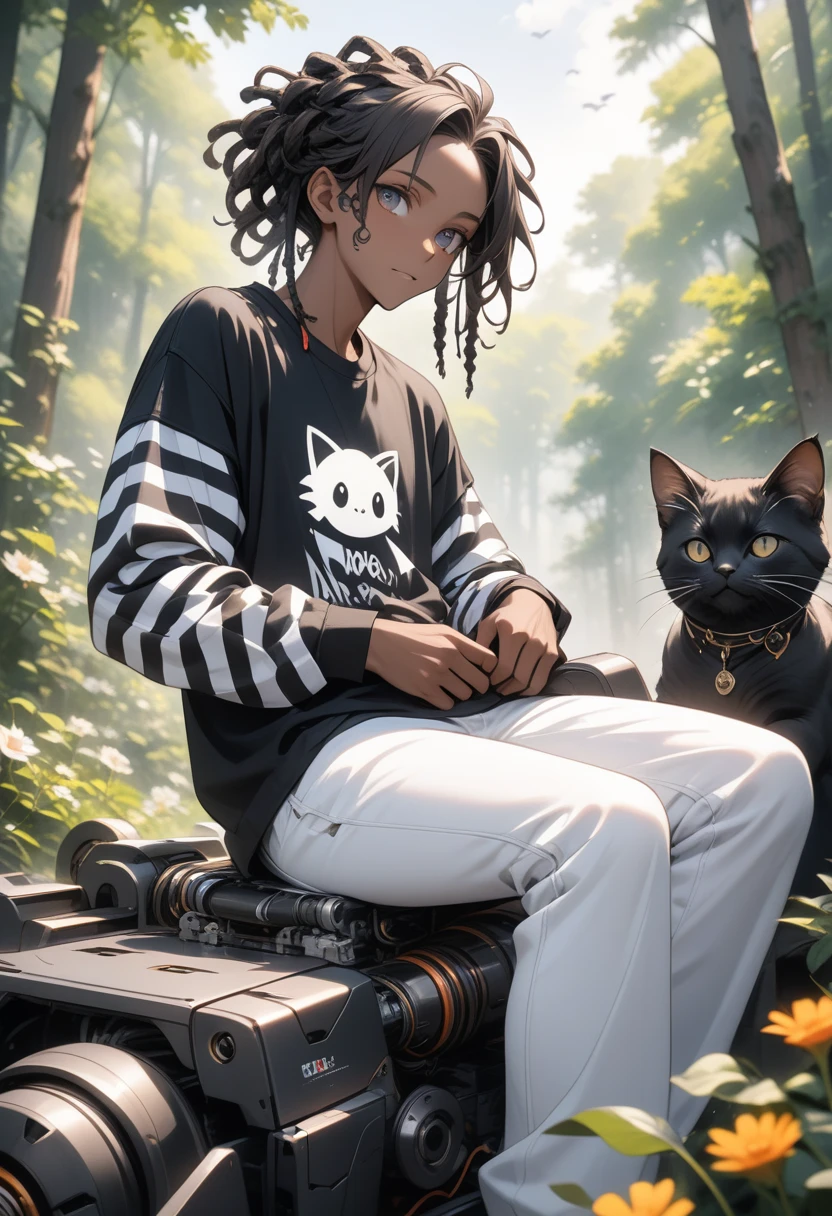 
1 Boy,


Character:
( A Tall 24 year Old black mature black man, with White Freeform dread Locks, He is wearing an Graphic tee, The Graphic tee Says “ghost”)
(Layered long sleeve shirt, Black and white stripped sleeves),
((Black and white 2 toned pants, (skinny jeans))


Scene:
(Bright sunny day, 1 boy sits atop a large robotic cat, ai generated details, forest background, the sun shines throw the trees)
Ai generated details, ai generated intricacies in the robotic cat, 

Quality:
((Best Quality))
((Masterpiece)),beautiful face, perfect face contour, beautiful eyes, beautiful hair, flowers in hair, best quality ((best quality:1.5))((best quality eyes:1.2)),black skin, curly hair, dreads, African American ,