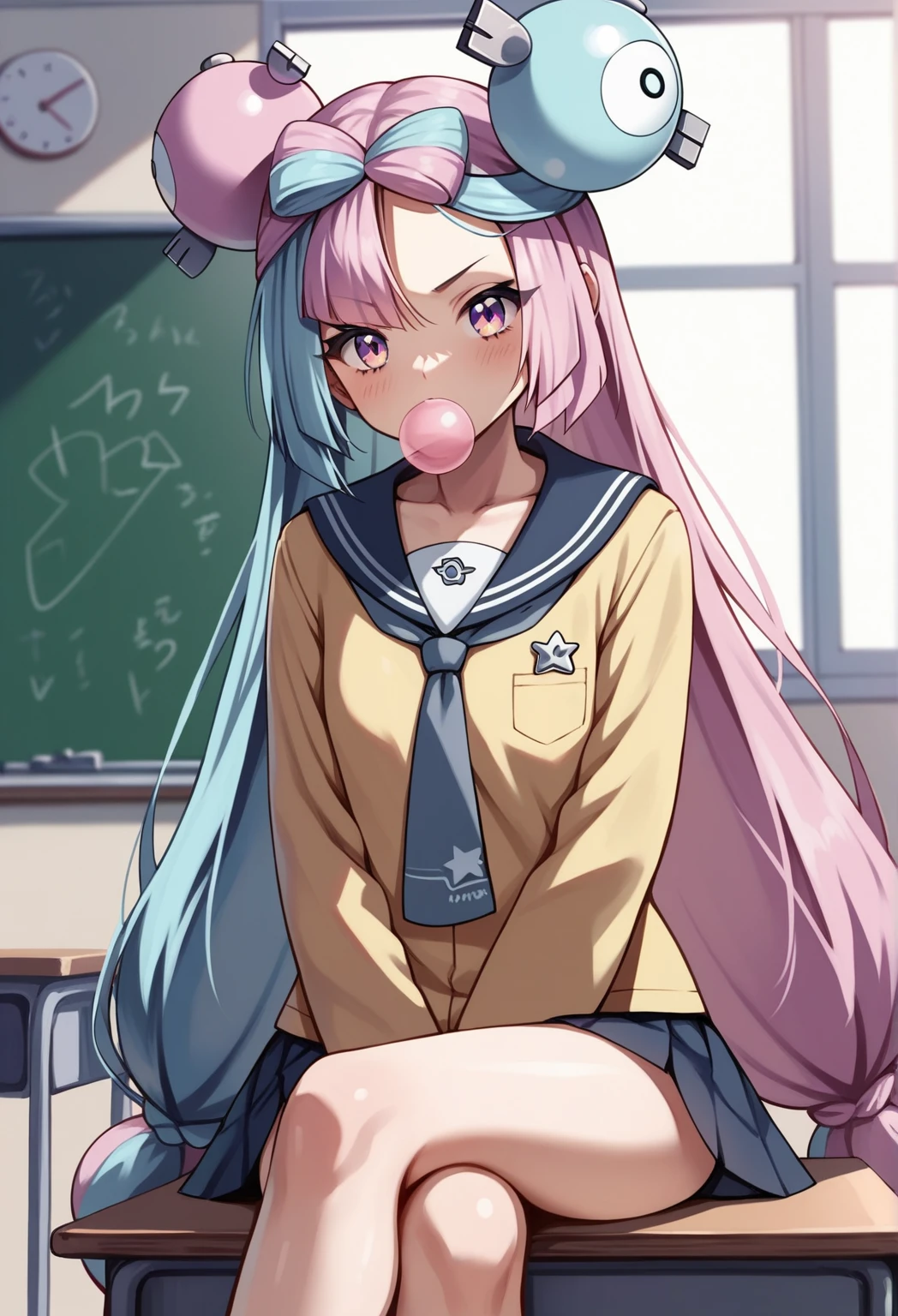 BREAK Those_Anime-Series, (pokemon iono, blue hair, bow-shaped hair, character hair ornament, hair ornament, long hair, low-tied long hair, multicolored hair, pink hair, sharp teeth, split-color hair, twintails, two-tone hair, pink eyes, , small breasts,   school uniform, serafuku, neckerchief,  chewing gum, classroom, sitting, crossed legs, on desk,