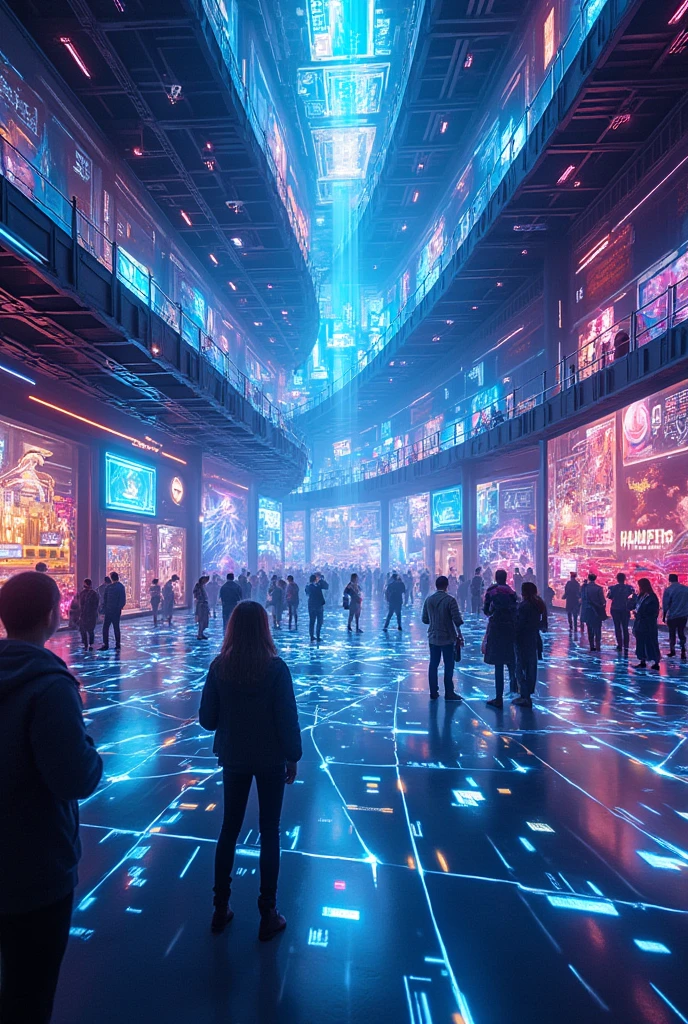 A futuristic indoor scene in a Cyber World, showcasing a vibrant Graphics Museum filled with interactive digital art and holograms, sleek architecture with neon lights, and diverse visitors exploring the exhibits, high detail, colorful, dynamic lighting, cyberpunk aesthetic,masterpiece,best quality,ultra detailed,8k portrait,unity 8k wallpaper,super fine illustration,very detailed background,highly detailed background