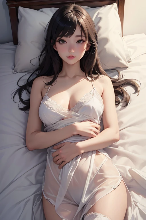 ((Best Quality)), ((傑Best Quality、masterpiece、High sensitivity、 high definition、 Detailed Description 、 Delicate Face Description)), Slender woman、Young Mom、With baby、 sleeping in bed 、