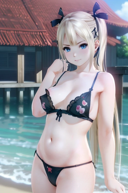 nsfw, Marie Rose, (Detailed eyes), ( delicate skin ), Best Quality,  Best Designer with High Details,  best illustration , (Photorealistic photos: 1.3), ( high definitionのペレ:1.2),  8K HD Streaming,  DSLRs That Turned 50,  high quality,  high definition,  turn your arms around your back, Big Breasts, Metal Color, belly button, Bare nipples