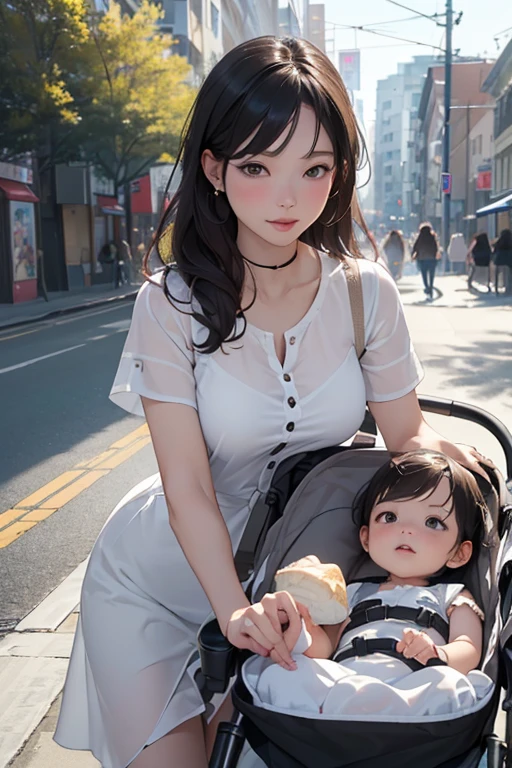 ((Best Quality)), ((傑Best Quality、masterpiece、High sensitivity、 high definition、 Detailed Description 、 Delicate Face Description)), Slender woman、 young mom in a stroller、Bathing with a baby、