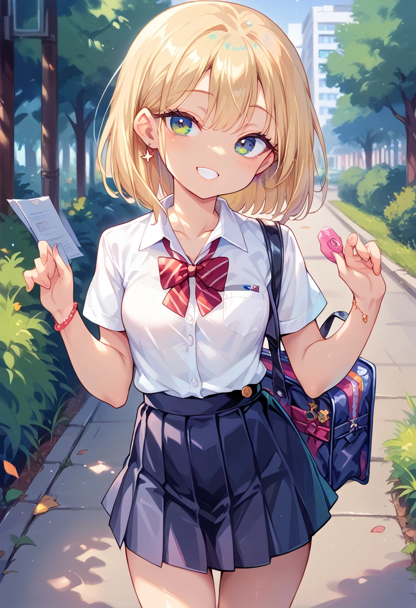 masterpiece, best quality, score_9, score_8_up, girl, petite, smile, school uniform, outdoor,