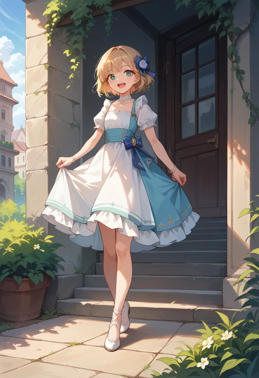 masterpiece, best quality, score_9, score_8_up, girl, petite, smile, open mouth, dress, outdoor,