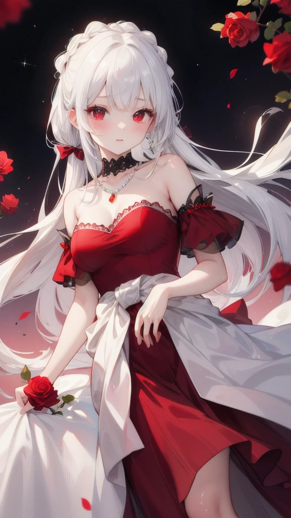 Close-up, looking at the camera, beautiful girl, garlic, flower, (beautiful girl), delicate facial features, detailed portrayal of the corners of the eyes, bust photo, moist lips, sad eyes, long white hair, smooth and delicate skin, ((red clothes)), red long skirt, bare thighs, brilliant and colorful, fantasy art, mysticism, dream scene, dream, dream light, seduction, psychedelic, misty halo, (((night))), ((night)), river bank, full of flowers on the other side, dreamy, flying red tiny petals, Red fluorescent petals, fluorescent flowers, fluorescent flowing water, standing in water, shallow water, master works, extreme detail, dissection correctly, correct limbs, accurate, hud, HD, exquisite details, 8K, red light