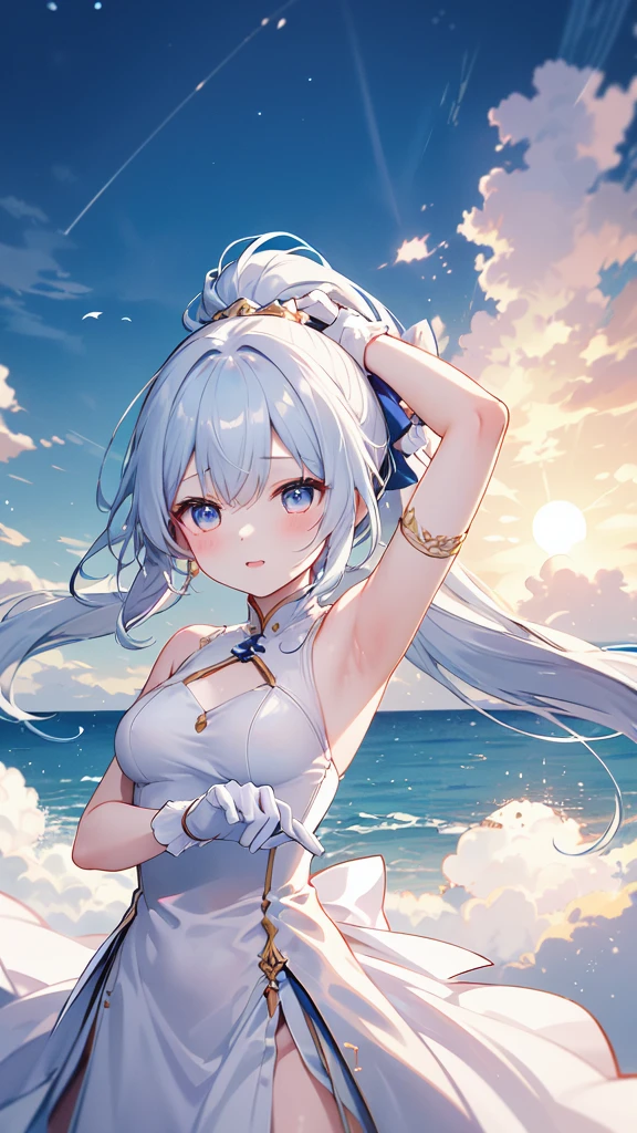 young girl iridescent white hair Bunny ears white dress short hair big jewelryが付いたドレス dress with a big slit dress that opens below the navel irreverent face look down thin body thin thighs small breasts small ass toned body wrist bracelet jewelry bracelet tiara with jewels sun ripped abs Skirt Dresses blue sky big cloud slanted eyes white skin I can see your nipples I can see your belly button high quality High resolution 8K waving in the wind See-through perfection symmetrical big jewelry beautiful red eyes beautiful女神 portrait grassland