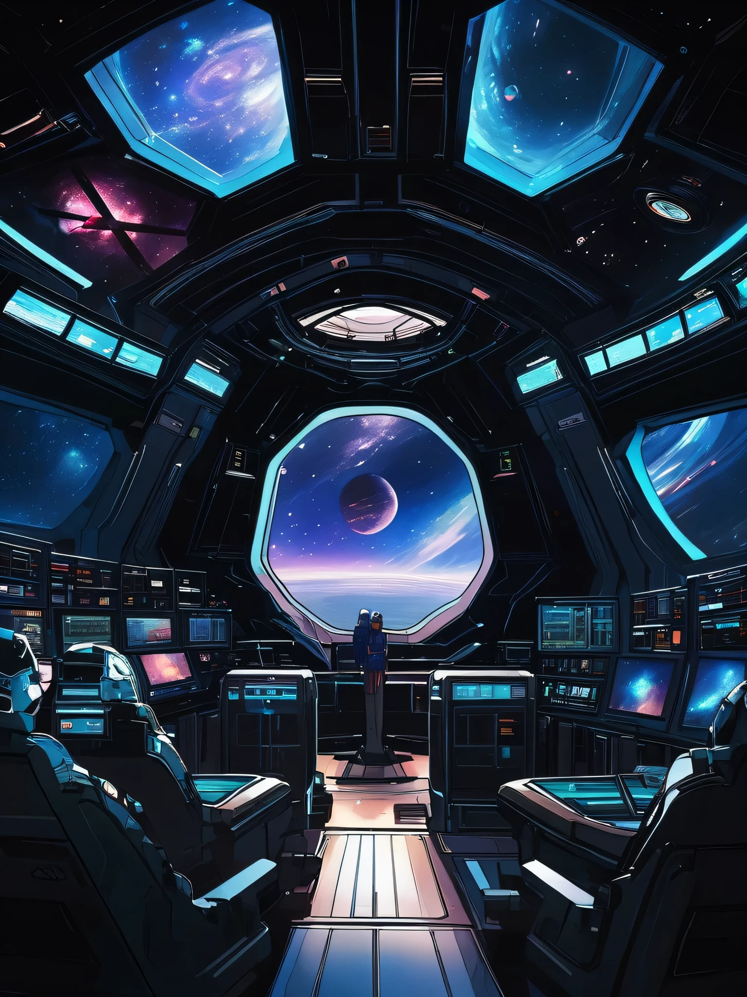 Space opera anime scene of a crew aboard their spaceship overlooking a distant galaxy, the vastness of space contrasted with the detailed interior of the ship, digital composition, trending on ArtStation.,