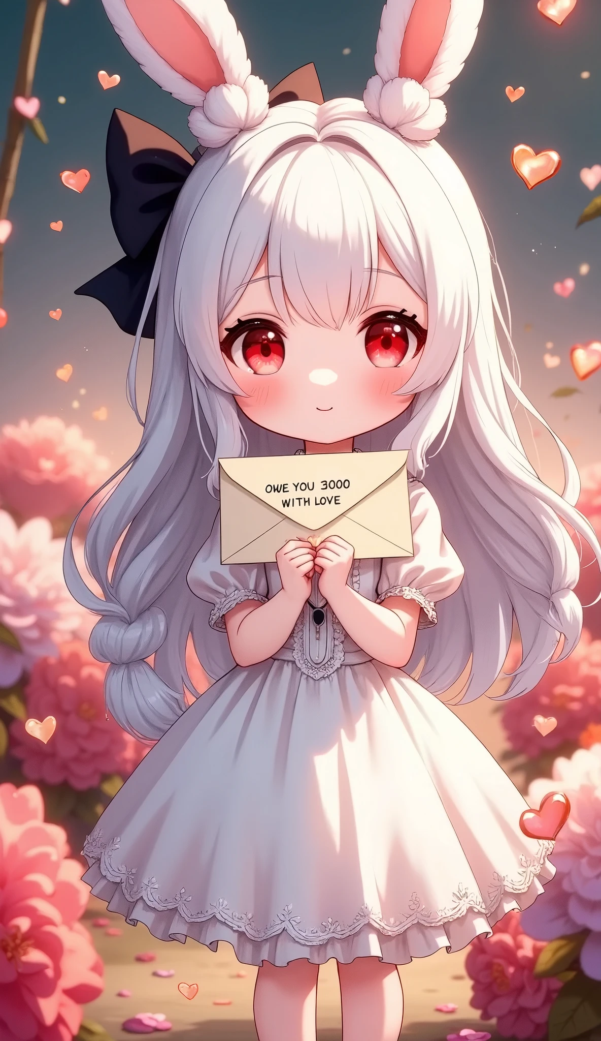 Cute anime-style chibi girl\(red eyes,white rabbit ears, wearing pretty white dress embroidered with shiny white silk, luxuriously braided long white hair, big black hair bow\) is holding out to viewer a cute envelope for love letter written “OWE YOU 3000 WITH LOVE”. close up shot of the girl. The girl is surrounded by large multicolored realistic flowers of various kinds. many multicolored, metallic, shiny heart-shaped conffetis in the air. In the background is a cute garland. Beautiful and warm sparkles shine gently, creating a sweet and gentle mood.