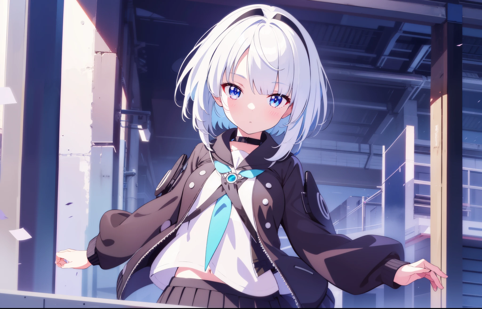 One Girl VTuber Long White Hair Blue Eyes School Uniform Beautiful Girl Great Image Quality Perfect Anatomy Perfect Hands Great Quality of Detail in Habicion Streaming Neon LED Lights