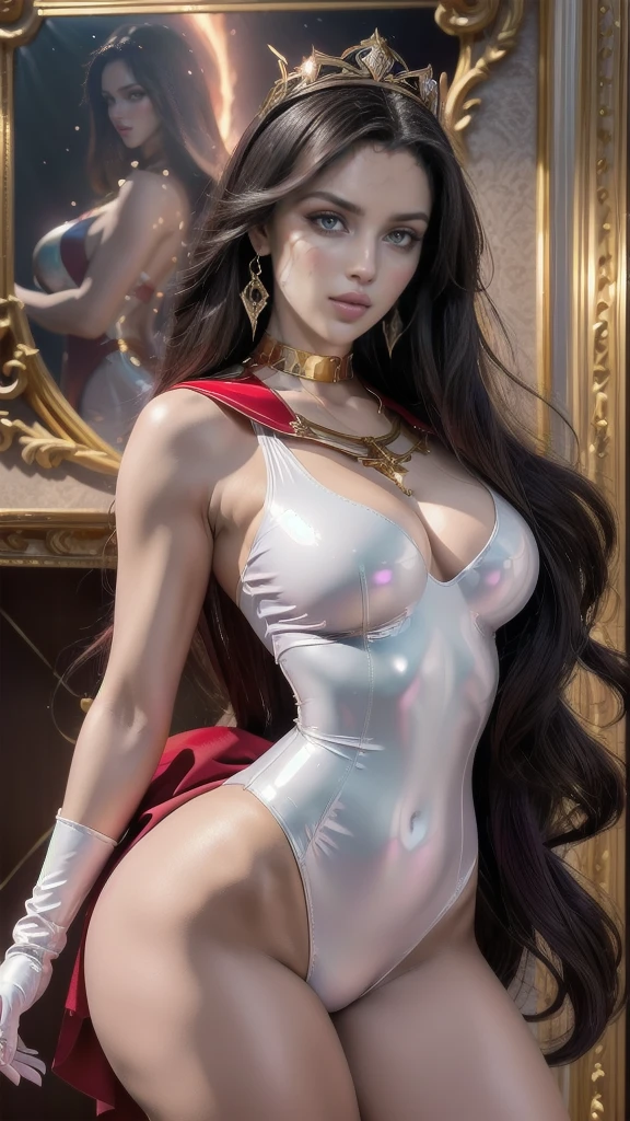 masutepiece, full: 1.3, stand up, (( fighting position )), 8k, 。.3d, realistic, Ultra Micro Photography,  in the highest quality,  Super Detail CG Unity 8k, underneath,  intricate details , Fashion (female: 1 person), 18 years old,   crimson shiny ultra small pleated skirt :1.4, Crimson Red sailor senshi uniform,  The pants are visible,((sama1, Earth, sailor senshi uniform, white gloves, red sailor collar, red skirt, sailor senshi uniform: 1.2, Sailor Mars: 1.2, meishaonv)),  incredibly long straight purple-black hair : 1.2, long hair, smooth and shiny: 1.2,  uniform by Sailor Senshi revealed , (( very large purple ribbon in the center of the  ,,: 1.4, Large golden tiara on the forehead: 1.5, , red gloves on the elbows: 1.1,  High heel pin with shiny red enamel and luxurious gold decoration: 1.3,  wide and saturated crimson red color ,,,,, Saturated crimson sailor color,  Long white latex gloves with luxurious gold decoration : 1.3,  bow very large red behind the waist ,,: 1.1, red necklace,  The neckline seems  and daring oversized ,  red star-shaped earrings )), 
  Very long hair , Separate stripes, ((  smile ,  very pretty face , facial details: 1.5, bright purple eyes,  beautiful face ,  beautiful eyes, Iris contour, thin lips: 1.3,  thin and sharp and pale eyebrows ,  long, dark lashes ,  double lashes )),  Luxurious Gold Jewelry , ( Shiny silver-white holographic leather , fine and tight : 1.2),  Ultra-high Cut Silver White Swimsuit , Large fire wings ,  thin and muscular muscles , Muscular abs,  a small face, :1.2,  perfect proportions ,  thin waist, [visible pores, Perfect Hands: 1.4, octane rendering, highly dramatic image, Strong natural light, sunlight,  exquisite lighting and shade ,  dynamic angle , Digital SLR camera, sharp focus: 1.0, Maximum clarity and sharpness, (hair on fire,Fire deity, Space background in cham 