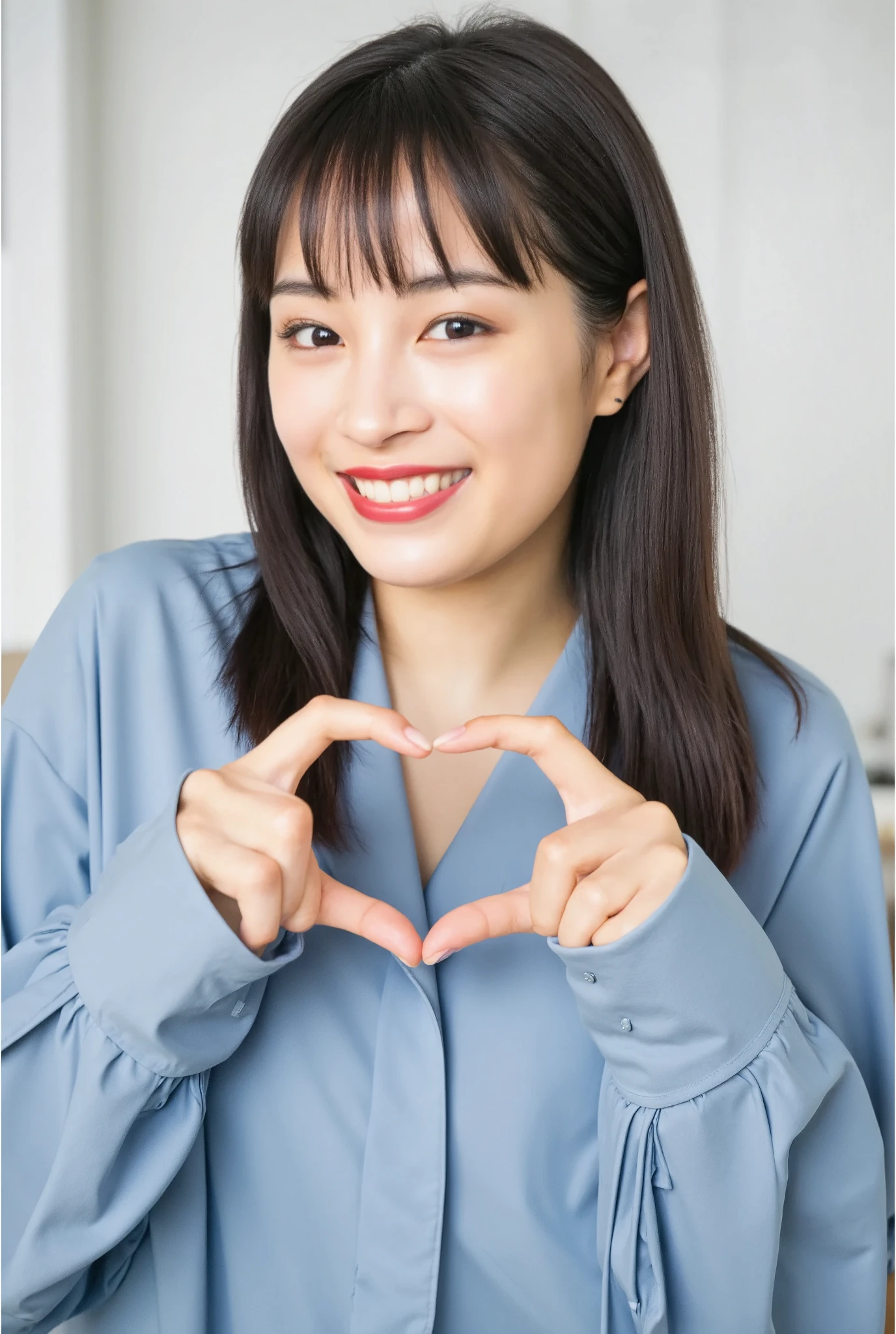 Only one woman with a cute smile is in a pose wearing off-shoulder pajamas, making a firm big heart shape with both hands, and holding them in front of her chest, View above collarbone、The background is a monotone 

