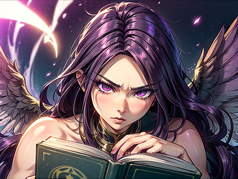 A tanned slutty final boss, please create her middle-aged, please let her be pious, long windy hair, this is visually captivating artwork inspired by gorgeous Morgana, from under hers lags, special moment, angelic spellbook close-up,
