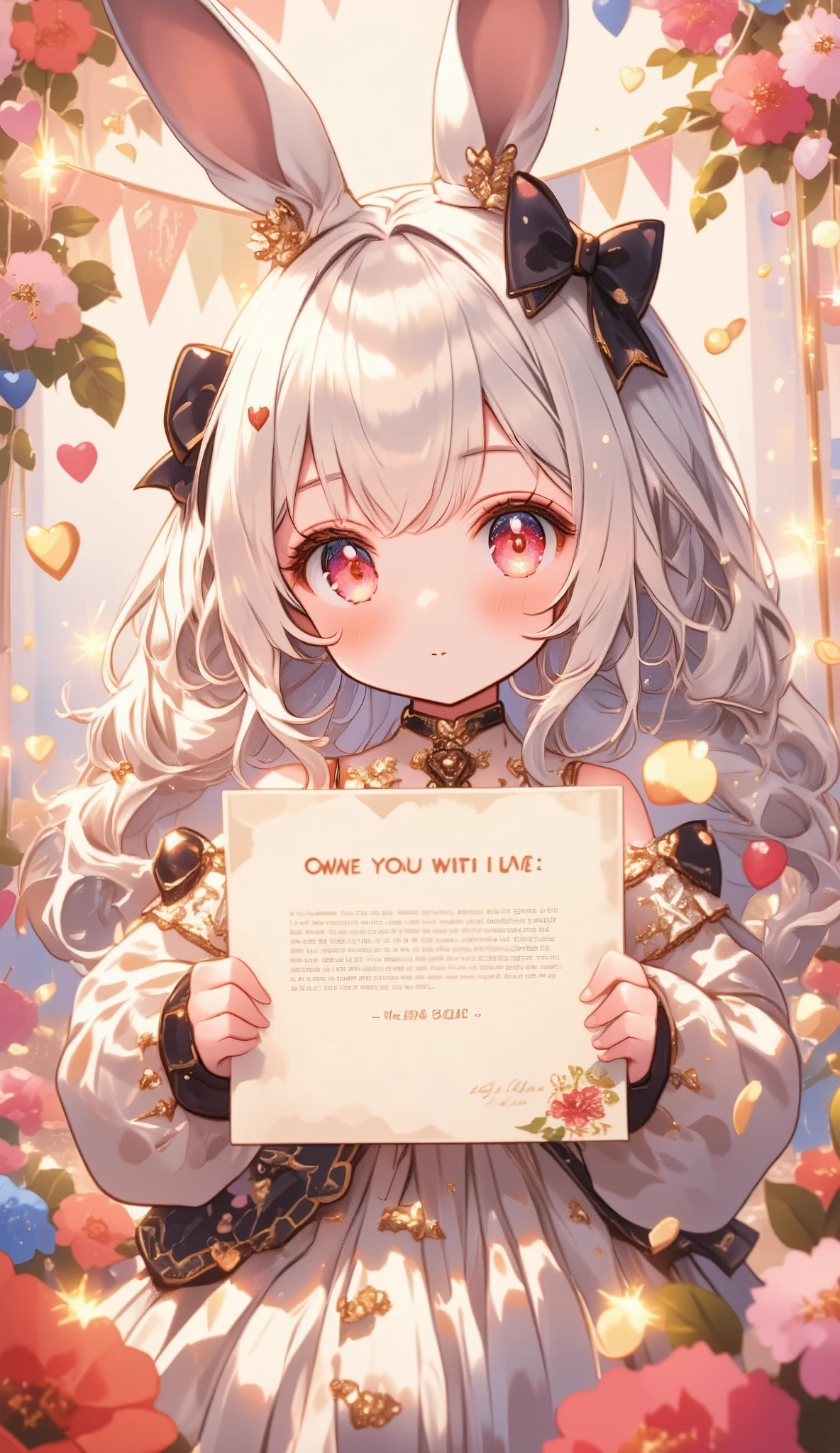 Cute anime-style chibi girl\(red eyes,white rabbit ears, wearing pretty white dress embroidered with shiny white silk, luxuriously braided long white hair, big black hair bow\) is holding out a cute letterhead written “OWE YOU WITH LOVE” to viewer.close up shot of the girl. The girl is surrounded by large multicolored realistic flowers of various kinds. many multicolored, metallic, shiny heart-shaped conffetis in the air. In the background is a cute garland say "THANK 3000". Beautiful and warm sparkles shine gently, creating a sweet and gentle mood.