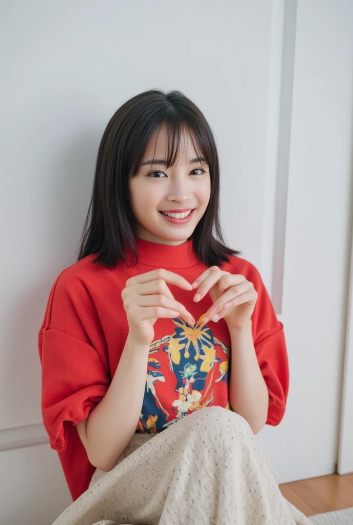 Only one woman with a cute smile is in a pose wearing off-shoulder pajamas, making a firm big heart shape with both hands, and holding them in front of her chest, View above collarbone、The background is a monotone 

