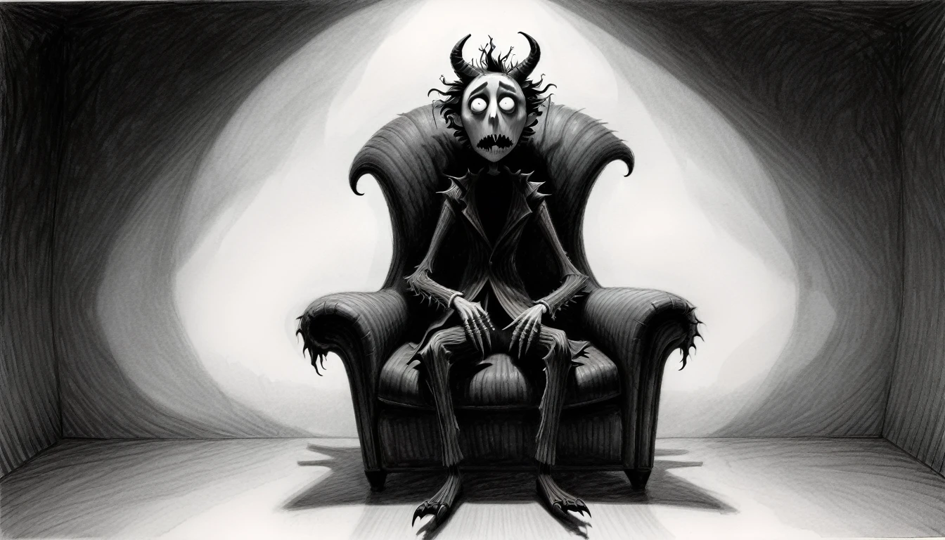 monochrome (pencil drawing). In Tim Burton's dreamlike vision, Shadows Become Monsters: A person sits in a chair with a shadow that appears to transform into the figure of a large, intimidating monster, like a haunting embodiment of fear, anxiety, or depression.