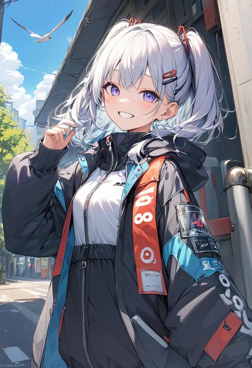 masterpiece, best quality, score_9, score_8_up, girl, petite, grin, jacket, outdoor, hairclip,