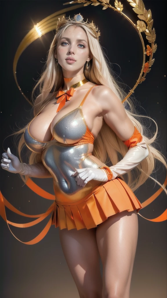 underneath, full: 1.3, stand up, masutepiece, 3d, realistic,  ultramicro photo ,  in the highest quality,  ultra detailed wallpaper 8k ,  intricate details , (female: 1 person), 28 years old, (nsfw),((  Luxurious Large Forehead Gold Tiara :1.6, Dark orange color, deep orange sailor's color  , Pleated Mini Skirt ultra sexy dark orange : 1.3, The pants are visible,  dark orange gloves on the elbows ,,,,,,:1.1,  very large dark blue ribbon in the center of the chest ,,,,,,: 1.6,,, um red bow muito grande na parte de trás da cabeça,,,,:1.3)),(, sailor senshi uniform, orange skirt, elbow pads, Earth,  orange sailor's collar , red bow, orange choker, white gloves, joy), bare upper arms :1.4,
,  Incredibly long blonde ,  smooth and very shiny : 1.2,  long blond hair,  smooth and beautiful shiny : 1.2, Sailor Venus, Minako Aino,( uniform by Sailor Senshi revealed ,  bare upper arms : 1.5,  Luxurious gold decoration : 1.2,  Long white latex gloves with luxurious gold decoration : 1.3,  very large yellow ribbon behind the waist ,,,,,: 1.1, orange choker,  The neckline seems sexy and daring oversized ,  Orange Heart Shaped Earrings )),  Dynamic Golden Chain ,  dynamic angles ,(( fighting position )),highly dramatic image, 
(( seductive smile ,  very pretty face , facial details: 1.5,  very bright blue eyes ,  beautiful face , beautiful eyes, Iris contour,thin lips: 1.3,  thin and sharp and pale eyebrows ,  long, dark lashes ,  double lashes )),  Luxurious Full Body Gold Jewelry , ( Shiny silver-white holographic leather , fine and tight : 1.3),  Ultra-high Cut Silver White Swimsuit ,  huge white wings ,  thin and muscular muscles , Muscular abs,  a small face, Huge breasts,  perfect proportions ,  thin waist, sexy model pose, [visible pores, Perfect Hands: 1.5, octane rendering,  Strong natural light, sunlight,  exquisite lighting and shade ,  DSLR harp , focus: 1.0, Maximum c 