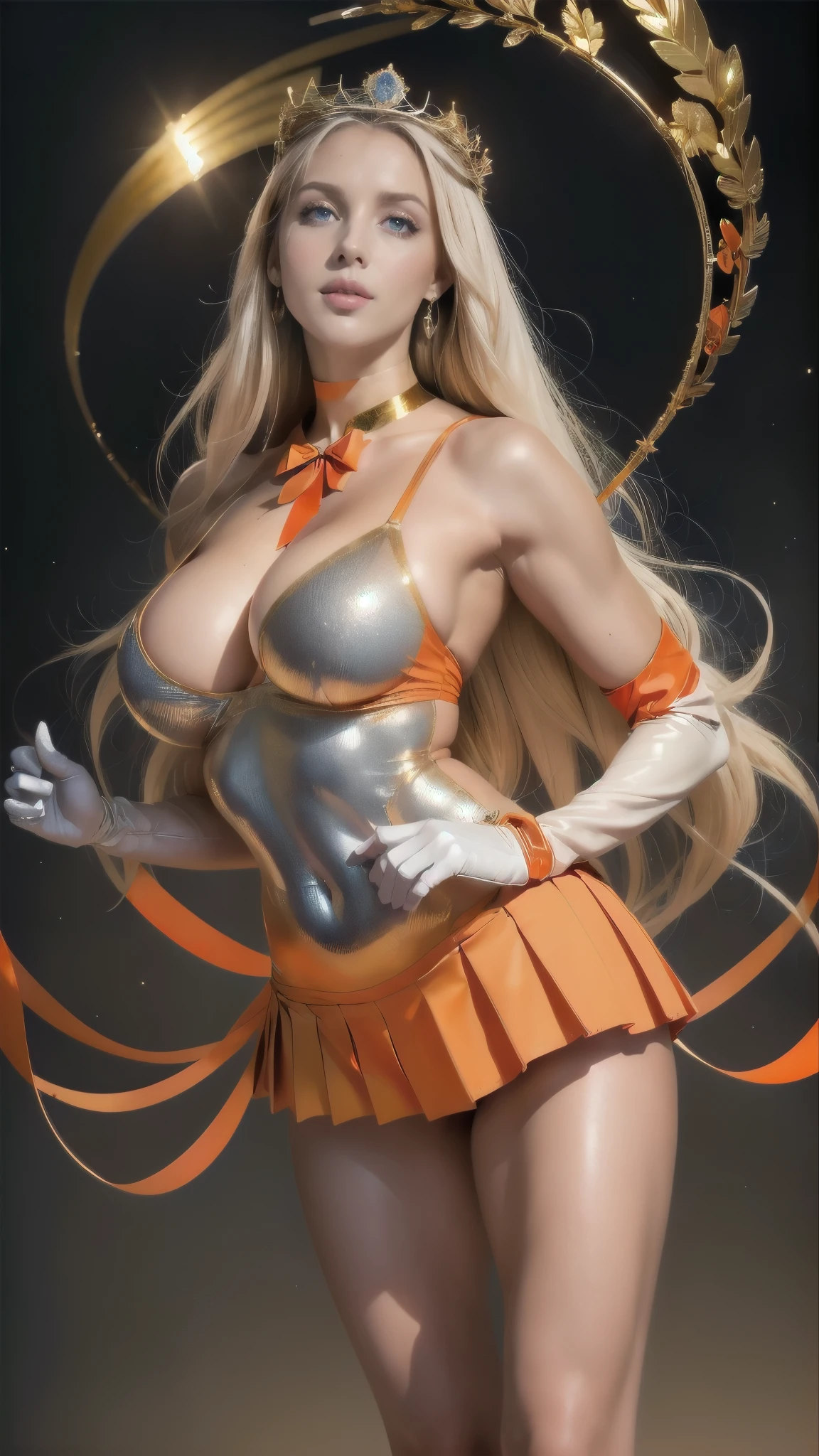 underneath, full: 1.3, stand up, masutepiece, 3d, realistic,  ultramicro photo ,  in the highest quality,  ultra detailed wallpaper 8k ,  intricate details , (female: 1 person), 28 years old, (nsfw),((  Luxurious Large Forehead Gold Tiara :1.6, Dark orange color, deep orange sailor's color  , Pleated Mini Skirt ultra sexy dark orange : 1.3, The pants are visible,  dark orange gloves on the elbows ,,,,,,:1.1,  very large dark blue ribbon in the center of the chest ,,,,,,: 1.6,,, um red bow muito grande na parte de trás da cabeça,,,,:1.3)),(, sailor senshi uniform, orange skirt, elbow pads, Earth,  orange sailor's collar , red bow, orange choker, white gloves, joy), bare upper arms :1.4,
,  Incredibly long blonde ,  smooth and very shiny : 1.2,  long blond hair,  smooth and beautiful shiny : 1.2, Sailor Venus, Minako Aino,( uniform by Sailor Senshi revealed ,  bare upper arms : 1.5,  Luxurious gold decoration : 1.2,  Long white latex gloves with luxurious gold decoration : 1.3,  very large yellow ribbon behind the waist ,,,,,: 1.1, orange choker,  The neckline seems sexy and daring oversized ,  Orange Heart Shaped Earrings )),  Dynamic Golden Chain ,  dynamic angles ,(( fighting position )),highly dramatic image, 
(( seductive smile ,  very pretty face , facial details: 1.5,  very bright blue eyes ,  beautiful face , beautiful eyes, Iris contour,thin lips: 1.3,  thin and sharp and pale eyebrows ,  long, dark lashes ,  double lashes )),  Luxurious Full Body Gold Jewelry , ( Shiny silver-white holographic leather , fine and tight : 1.3),  Ultra-high Cut Silver White Swimsuit ,  huge white wings ,  thin and muscular muscles , Muscular abs,  a small face, Huge breasts,  perfect proportions ,  thin waist, sexy model pose, [visible pores, Perfect Hands: 1.5, octane rendering,  Strong natural light, sunlight,  exquisite lighting and shade ,  DSLR harp , focus: 1.0, Maximum c 