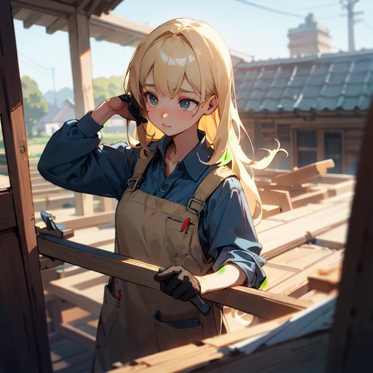 A female craftsman is repairing the roof , Blonde, ,  depth of field , , , Long Hair