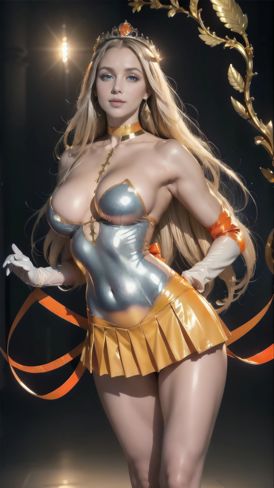 underneath, full: 1.3, stand up, masutepiece, 3d, realistic,  ultramicro photo ,  in the highest quality,  ultra detailed wallpaper 8k ,  intricate details , (female: 1 person), 28 years old, (nsfw),((  Luxurious Large Forehead Gold Tiara :1.6, Dark orange color, deep orange sailor's color  , Pleated Mini Skirt ultra sexy dark orange : 1.3, The pants are visible,  dark orange gloves on the elbows ,,,,,,:1.1,  very large dark blue ribbon in the center of the chest ,,,,,,: 1.6,,, um red bow muito grande na parte de trás da cabeça,,,,:1.3)),(, sailor senshi uniform, orange skirt, elbow pads, Earth,  orange sailor's collar , red bow, orange choker, white gloves, joy), bare upper arms :1.4,
,  Incredibly long blonde ,  smooth and very shiny : 1.2,  long blond hair,  smooth and beautiful shiny : 1.2, Sailor Venus, Minako Aino,( uniform by Sailor Senshi revealed ,  bare upper arms : 1.5,  Luxurious gold decoration : 1.2,  Long white latex gloves with luxurious gold decoration : 1.3,  very large yellow ribbon behind the waist ,,,,,: 1.1, orange choker,  The neckline seems sexy and daring oversized ,  Orange Heart Shaped Earrings )),  Dynamic Golden Chain ,  dynamic angles ,(( fighting position )),highly dramatic image, 
(( seductive smile ,  very pretty face , facial details: 1.5,  very bright blue eyes ,  beautiful face , beautiful eyes, Iris contour,thin lips: 1.3,  thin and sharp and pale eyebrows ,  long, dark lashes ,  double lashes )),  Luxurious Full Body Gold Jewelry , ( Shiny silver-white holographic leather , fine and tight : 1.3),  Ultra-high Cut Silver White Swimsuit ,  huge white wings ,  thin and muscular muscles , Muscular abs,  a small face, Huge breasts,  perfect proportions ,  thin waist, sexy model pose, [visible pores, Perfect Hands: 1.5, octane rendering,  Strong natural light, sunlight,  exquisite lighting and shade ,  DSLR harp , focus: 1.0, Maximum c 
