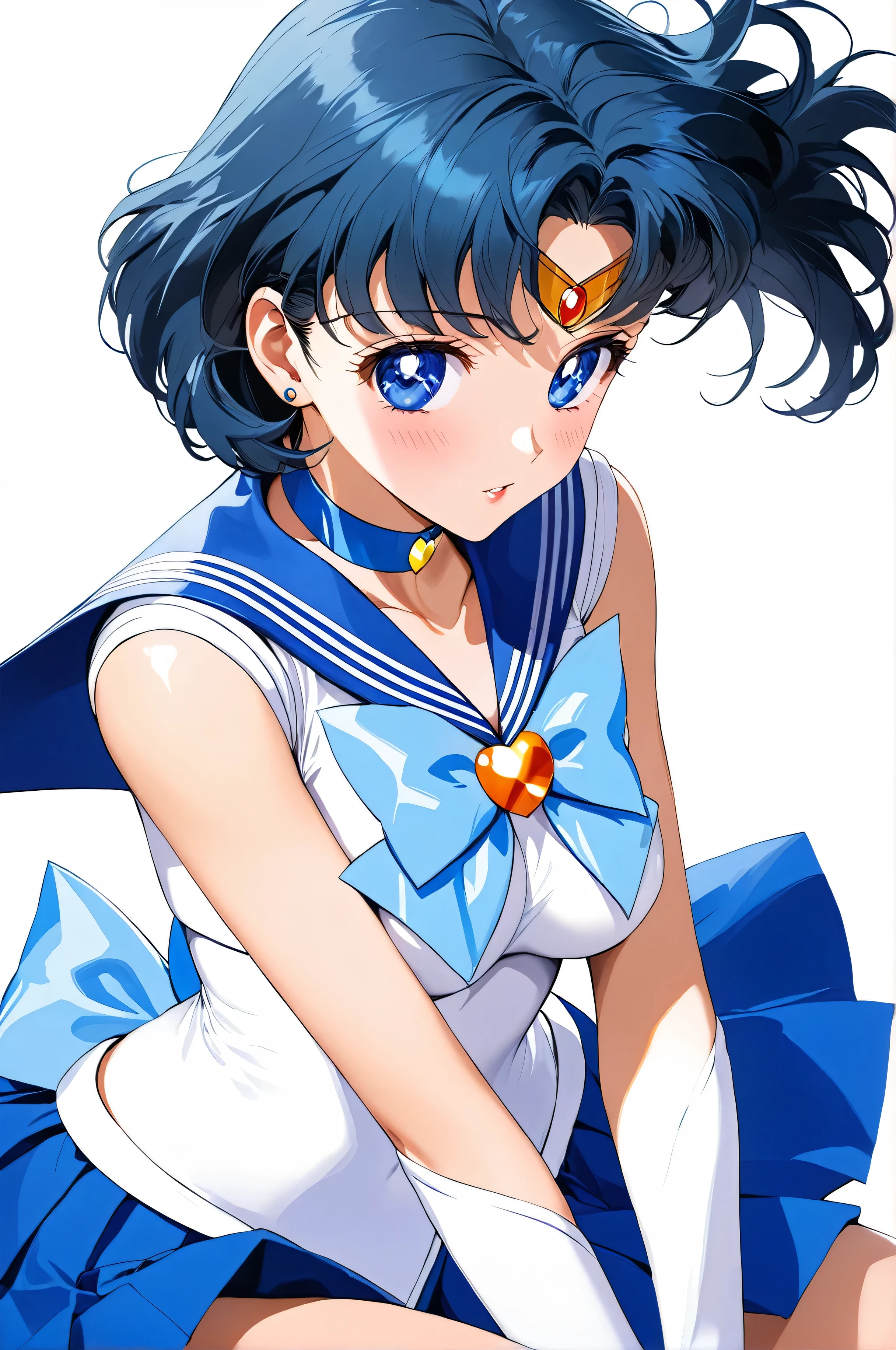 masterpiece, Best Quality, High resolution,16k,official art,super detailed skin,detailed,animated painting,(Sailor mercury:1.5),1990s \(style\),(E-cup beautiful breasts)、 (tall:1.2),height: 175cm,Fashion model body type、clevage,Sexy long legs, blue hair,shortcut hair、blue eyes, white panty, (sailor mercury costume,sleaveless white shirt,blue collar,blue skirt,white glove:1.5),Muscular、1girl,solo,nsfw,sexy,shy,blush,(vulgarity:1.2)、(Ahegao:1.2),Anime-style painting style,Close up on upper body,Cinematic lighting,Superfine,Seductively Posing,dynamic angle,extreme closeup shot,simple white background