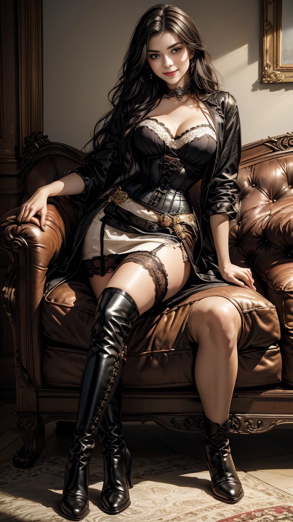 ,beautiful 20 year old girl sitting on a massive sofa,European beauty, dress,floral patterned corset,wide lace skirt,black boots,black collar,antique pistol in hand, long dark hair loose,face to camera,smiling expression with humour and mystery,cracked wall background,prominent strokes,textural relief.