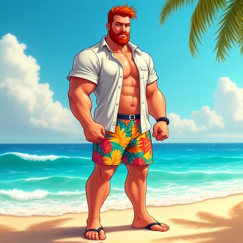 a close up of a man in a blue underwear standing on a beach, hairy orange body, shirtless :: high detail, beefcake pose, hairy torso, super buff and cool, mid-shot of a hunky, muscular character, wet hairy bodies, inspired by Rob Liefeld, furry chest, partially male hairy torso, muscular male, extremely detailed man