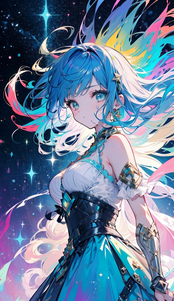 a girl with rainbow colored hair and detailed teal dress armor, standing, rainbow colored cosmic nebula background, stars, galaxies, intricate details, perfect face