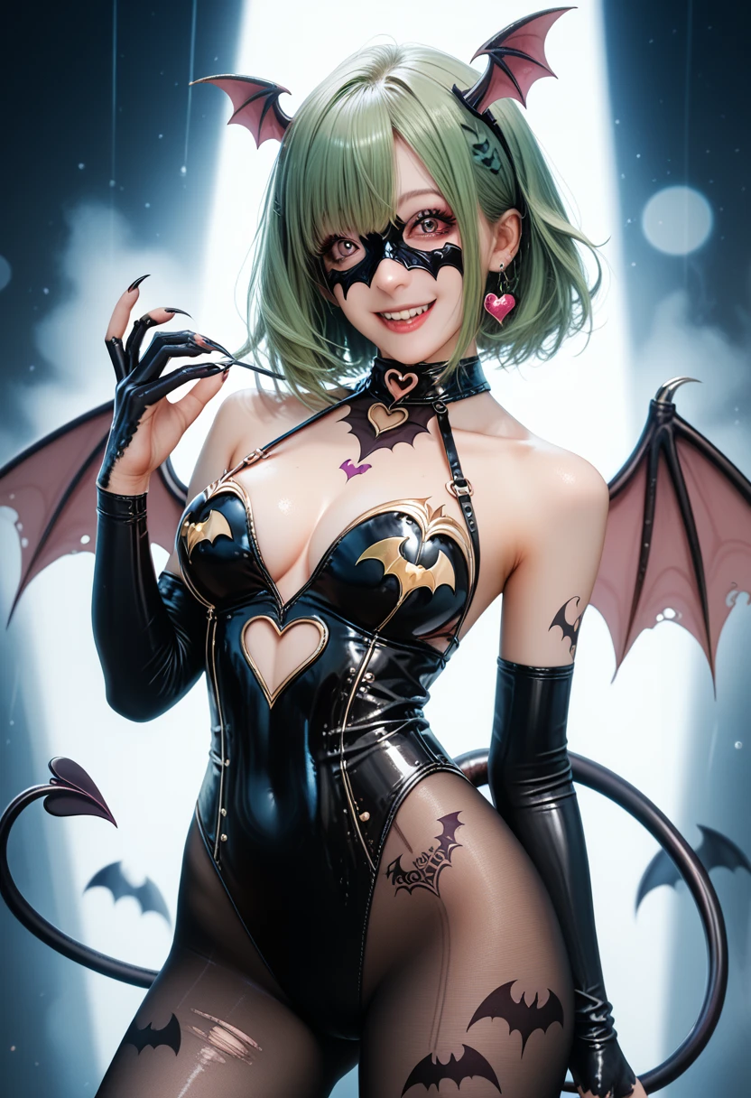 Succubus-style girl. Sequin costume. green hair.  Shoulder. Bat motif brassiere. Bat motif eye mask. medium length hair. High legs. Body tights. Tattoo of a heart on the lower abdomen. breasts perky. Sharp claws. Black paint hands. Yandere Smile. Dark mist background.