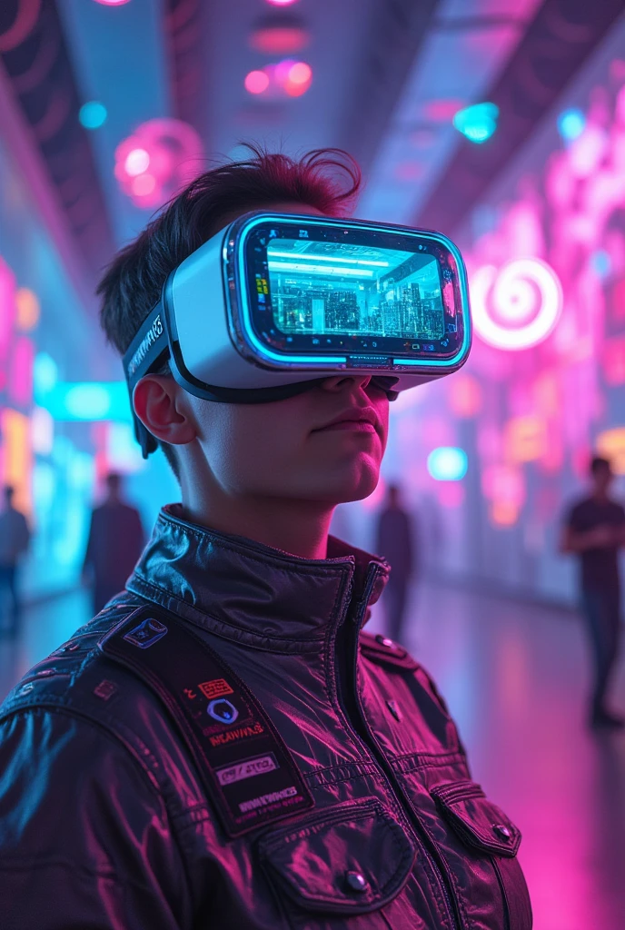 A futuristic indoor scene featuring a person wearing VR goggles, surrounded by a vibrant Graphics Museum. The environment is filled with abstract data visualizations, digital landscapes, and surreal elements, creating a sense of being in a data-driven world. The atmosphere is immersive and non-realistic, with bright colors and dynamic shapes enhancing the experience. 、masterpiece,best quality,ultra detailed,8k portrait,unity 8k wallpaper,super fine illustration,very detailed background,highly detailed background