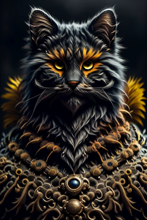 feline black, yellow eyed, background japan garden, black realistic samurai armor, Japan walls palace,  sf, intricate artwork masterpiece, ominous, matte painting movie poster, golden ratio, trending on cgsociety, intricate, epic, trending on artstation, by artgerm, h. r. giger and beksinski, highly detailed, vibrant, production cinematic character render, ultra high quality model