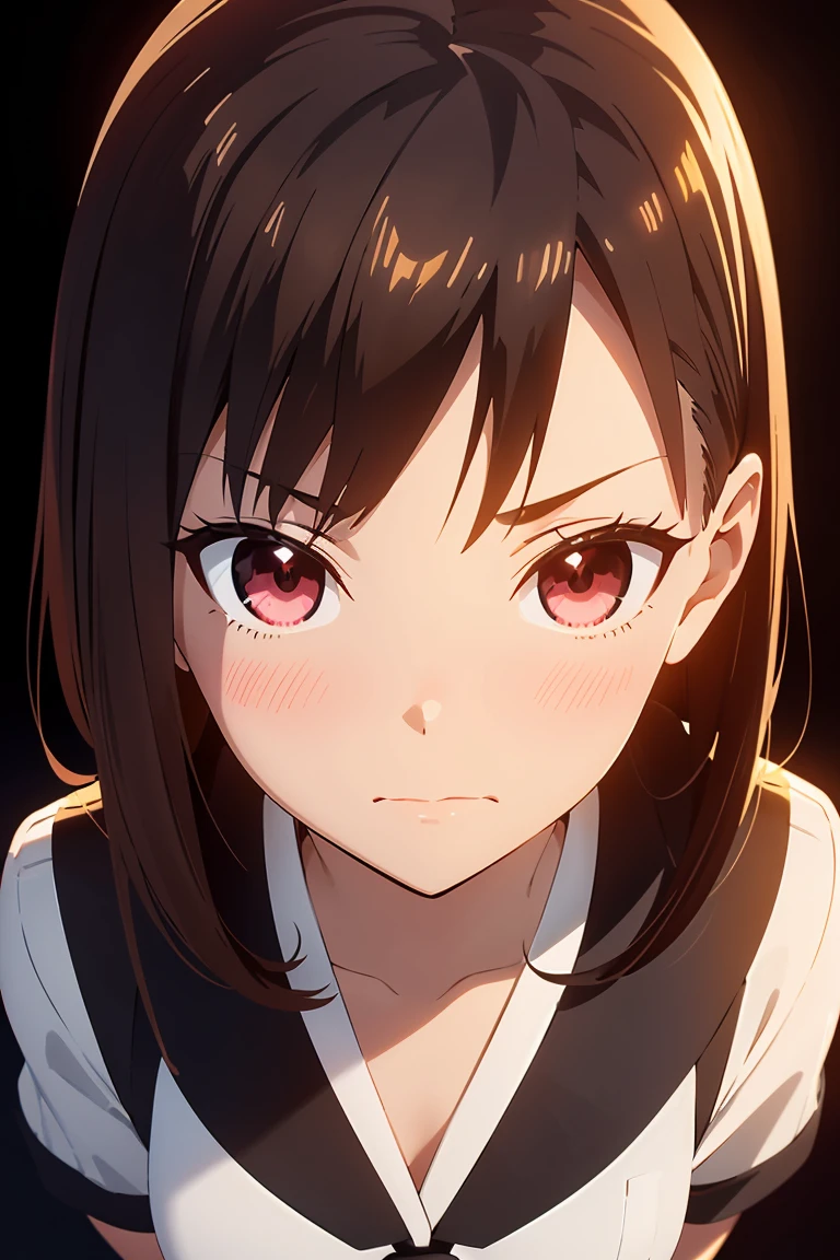 cute anime girl, extreme dark brown hair, dark brown burgundy eyes, peculiar longe and two side up hairstyle, frontal angle, dark hair, dark hair,  staring directly at viewer, slightly blushed, strength expression, bright eyes, school uniform High resolution, Very detailed, Curly Hair, (The lights are out), From above、(Focus on the face)Looking into the camera, (Full body), (Beautiful body) (two side-ups hairstyle) (burgundy eyes, brown eyes so dark) (Plain school black uniform, showing off the uniform.) (two side-up in hair.) (hair side-up)

