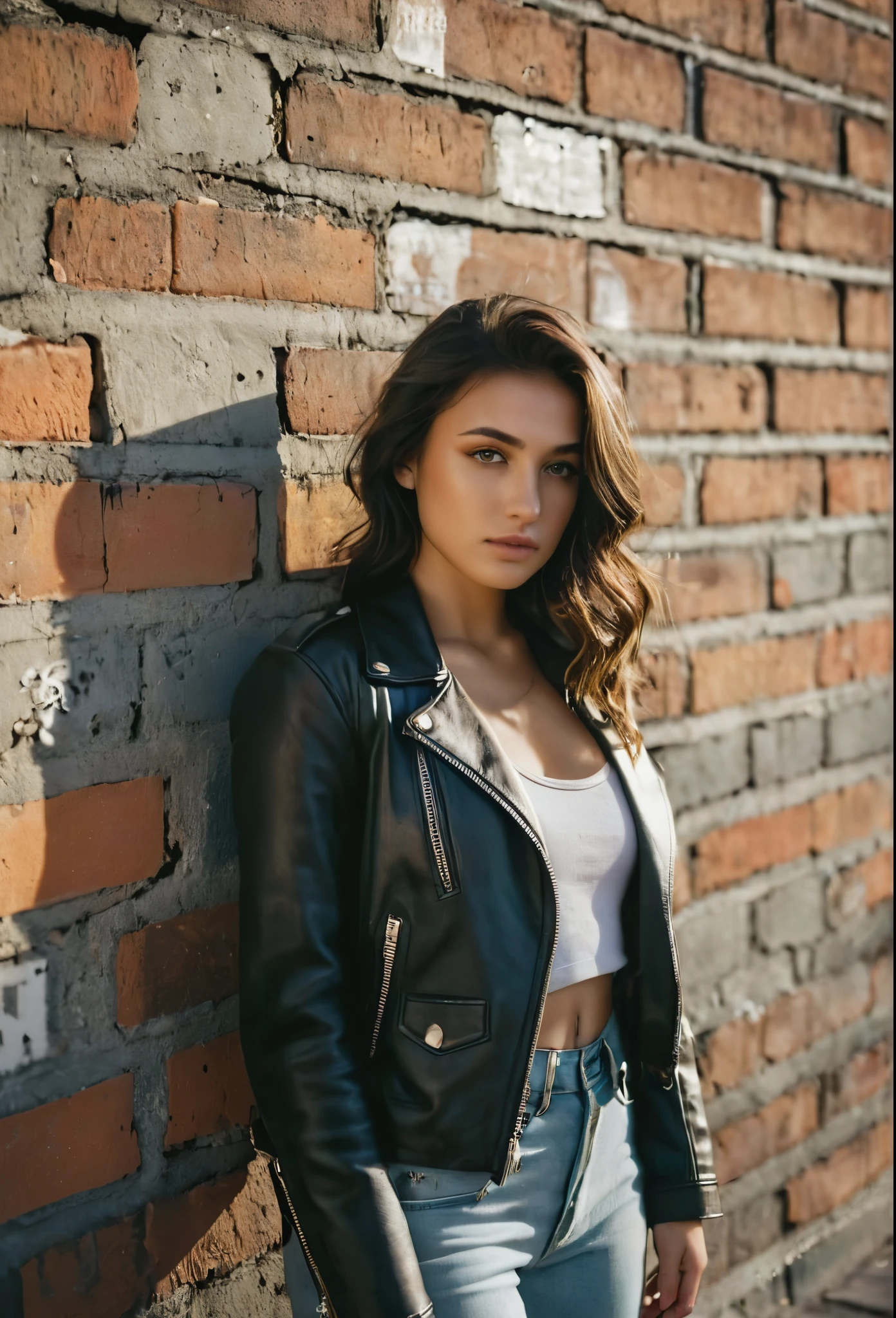 Melancholy photography, lomography, cinematic photo, Fujifilm, Soft, diffused light with warm tones and low contrast with muted, nostalgic atmosphere.Negative Space, Daria , 20 year old girl with a symmetrical face, high cheekbones, She has hazel green eyes framed by arched eyebrows, a straight, well-proportioned nose, and a fair, glowing complexion. Her long, wavy, dark brown hair cascades over her shoulders. She has an athletic, toned physique, confident and poised appearance, A high-quality, urban photoshoot featuring a young woman in a gritty cityscape. She stands against a weathered brick wall covered in faded graffiti, with cracked concrete and metal pipes in the background. Her outfit is edgy and modern: a leather jacket over a dark graphic t-shirt, ripped jeans, and worn-in combat boots. Soft, diffused light highlights her face, casting subtle shadows that enhance the gritty atmosphere. The photo has a cinematic feel with moody, desaturated tones, capturing the raw texture of the urban environment around her.