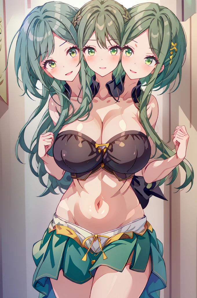 (masterpiece, best quality), best quality, (ultra-detailed), (3heads:1.5), 1girl, (mai tereida:1.3), masterpiece, best quality, ultra quality, ultra resolution, dark green top, crop top, ((stomach)), midriff, ((groin)), dark green skirt, normal ears, wears a Kazaori-eboshi, reseda green hair, (same hair color), very long hair, wavy hair, long sidelocks, pea colored eyes, parted lips, smiling, smirk, sweet smile, cute, toned belly, hand on own chest, eyelashes, (2 woman:1.3), (masterpiece:1.5), (best quality:1.5), (beautiful detailed;1.5), extremely detailed CG, extremely delicate and beautiful, depth of field, (finely detailed face), (perfect details:1.3), (mature female:1.3), wide pelvis, slender, large veiny breast, 16k resolution, highres, very high quality, very high definition, extremely detailed, masterpiece, reseda green hair, long hair, alluring presence, braid, short skirt, close up, very big breasts, very huge breasts, young, waist apron, girl with three heads, three headed girl,
