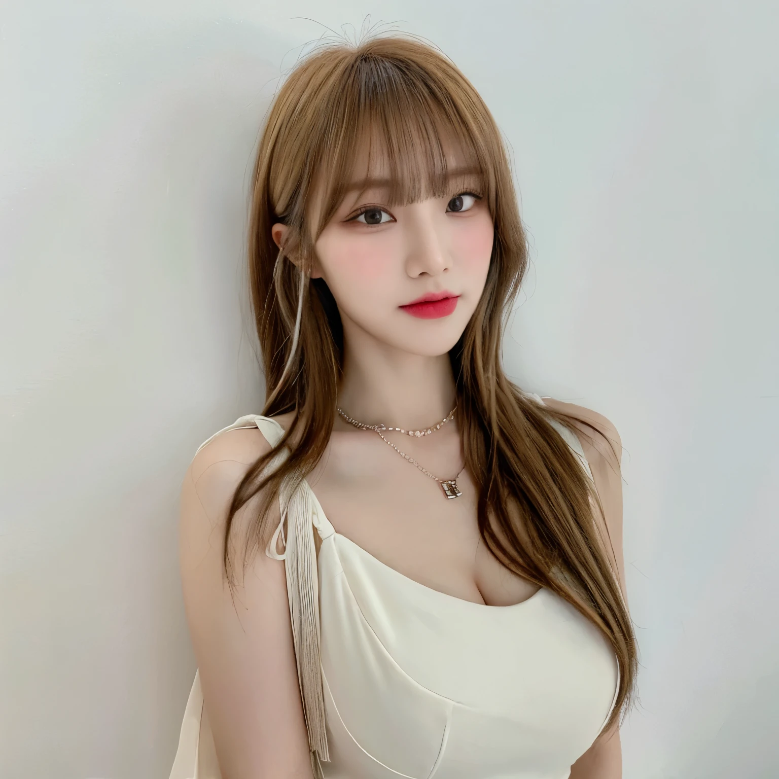 ((Best quality, 8k, Masterpiece :1.3)), upper body, Sharp focus:1.2, Beautiful Korean woman in her 20s with perfect figure :1.4, Slender abs, slender thigh :1.1, ((long hair, bangs, layered haircut, Big breasts :1.2)), (white background:1.4), (Beige dress, , necklace), Highly detailed face and skin texture, Detailed eyes, Double eyelid, close up,