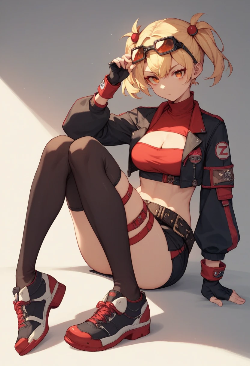 Burnice_ZZZ, blonde hair, orange eyes, two side up, short twintails, hair ornament, eyewear on head, sunglasses, goggles, crop top, tube top, black jacket, black thighhighs, cropped jacket, red shirt, cleavage cutout, long sleeves, belt, black skirt, red wrist cuffs, red thigh strap, fingerless gloves, miniskirt, midriff, turtleneck,  Crossing legs, soles of shoes,((under shoes)),