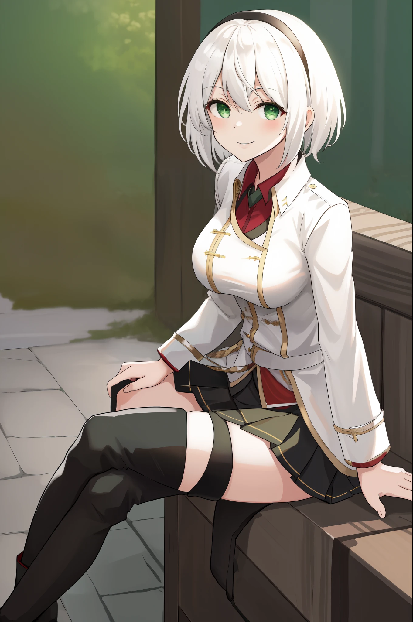  masterpiece ,  the best quality, highres,  1 girl, amnesia, green eyes, white hair, short hair, white coat, black skirt, pleated skirt, large breast, white jacket, red shirt, black garters, thighs, photorealistic boots , al aire libre,  sitting on a bench , smile