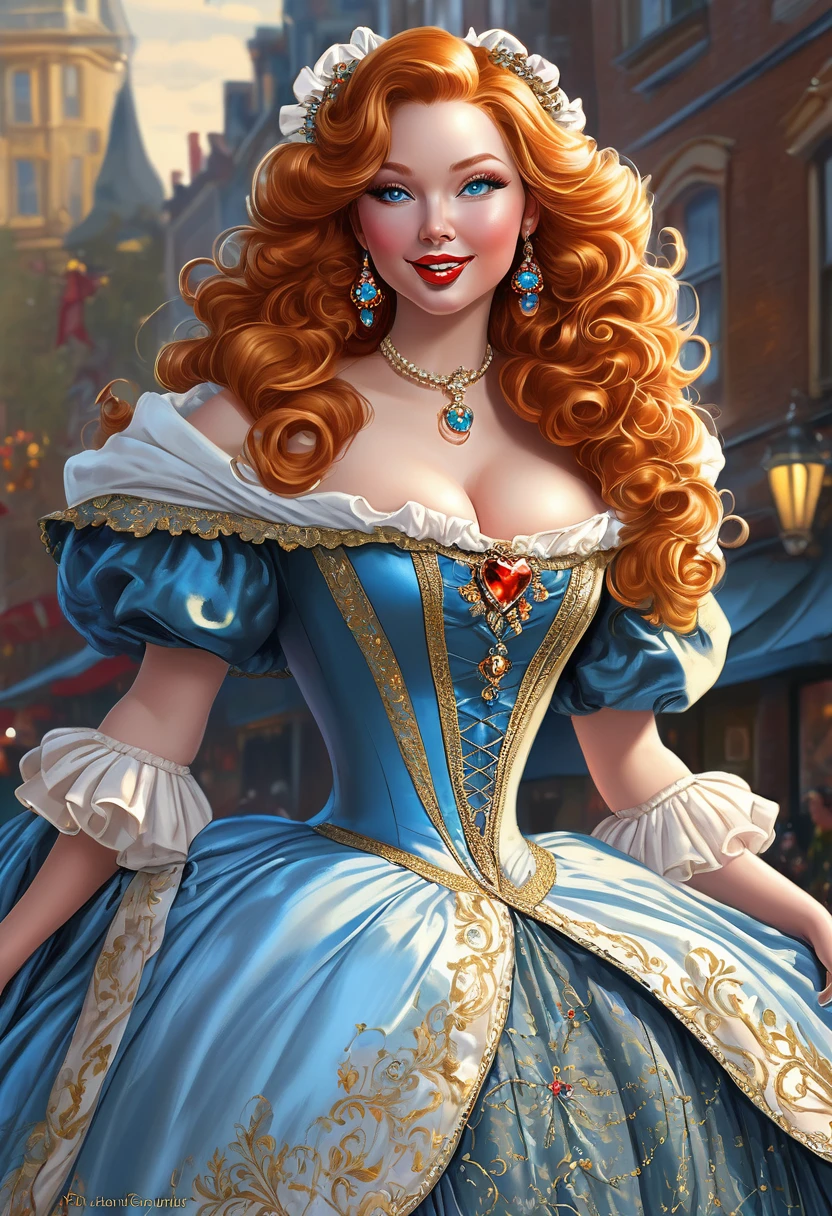 A Beautiful Dickensian High Society orange haitr Large crystal Blue Eyes, Beautiful Thick Eyebrows . Round Face, Kinky . Hair. Cute Nose, Full Heart Shaped Red Lips. Dazzling Smile. Wide Hips. She wears a tattered Dickensian dress, contrasted with an exstravgant and opulent baby blue velvet cloak. hemmed in gold filligree and encrested with jewels. Hoop Skirt. Wholesome Look, Exudes An Innocent Grace, FIT, . voluptuous Figure, wasp-waist. WHIMSY. Official Art, Award Winning Digital Painting, Digital Illustration, Extreme Detail, 4k, Ultra Hd, Rococo, Polished, Intricate, Realistic Fantasy Art, Sharp Focus, Concept Art, Art By Wlop, Artgerm, (2d Vector Illustration) Dynamic sexy pose. Molly Quinn
