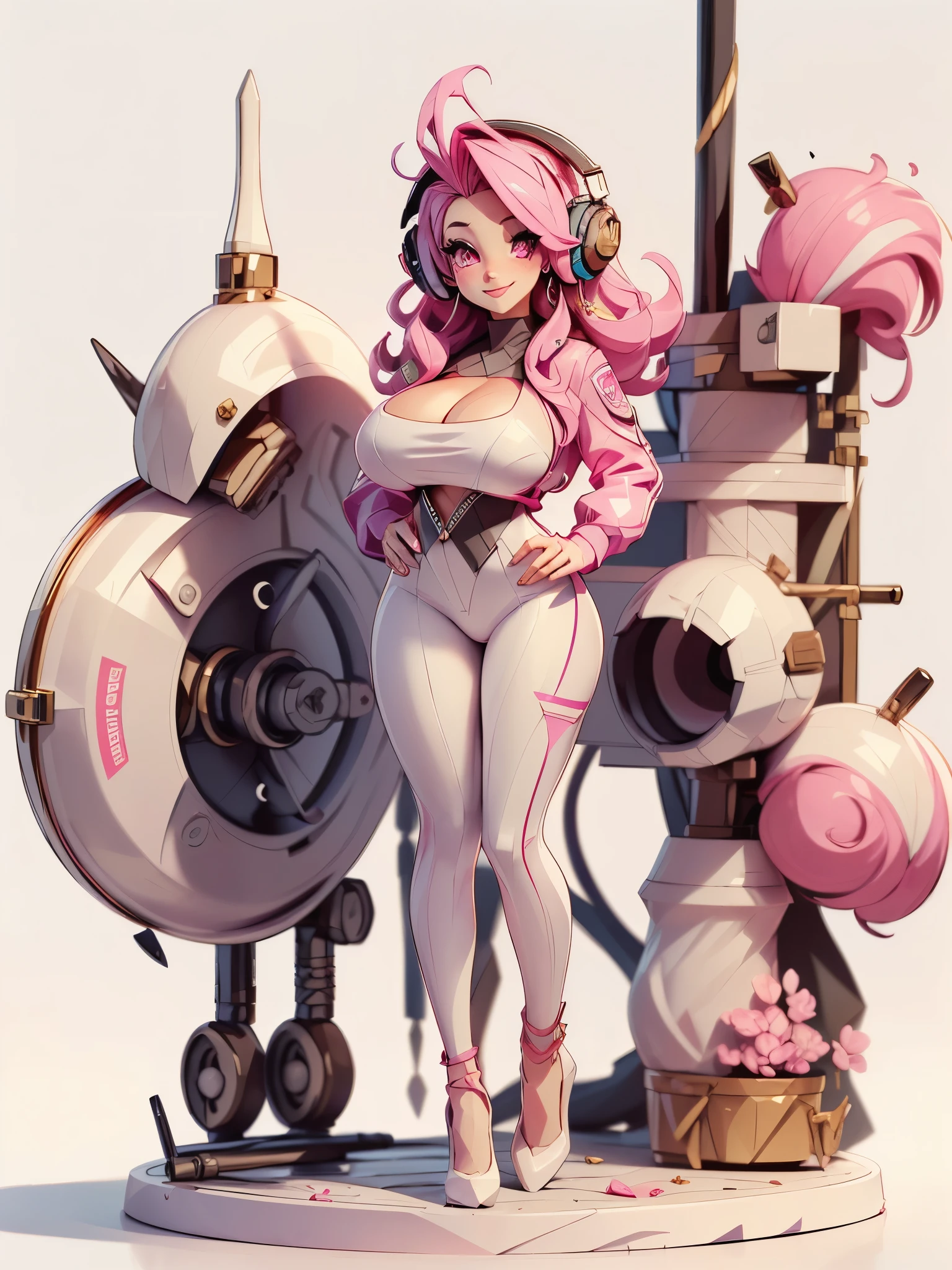 (masterpiece, best quality, high resolution,) a beautiful woman, ((huge breasts)), very messy pink hair, pink eyes, pink lips,, plug-in suit, pink and white pilot suit full body smile, headphones pink and white interface,((white background,)), ((full body standing)),
