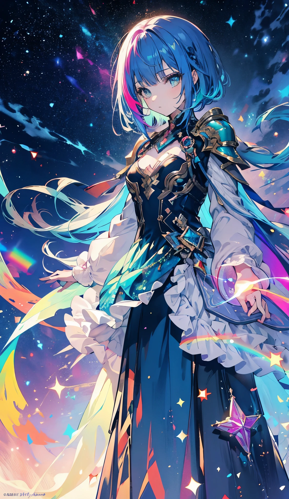 a girl with rainbow colored hair and detailed teal dress armor, standing, rainbow colored cosmic nebula background, stars, galaxies, intricate details, perfect face