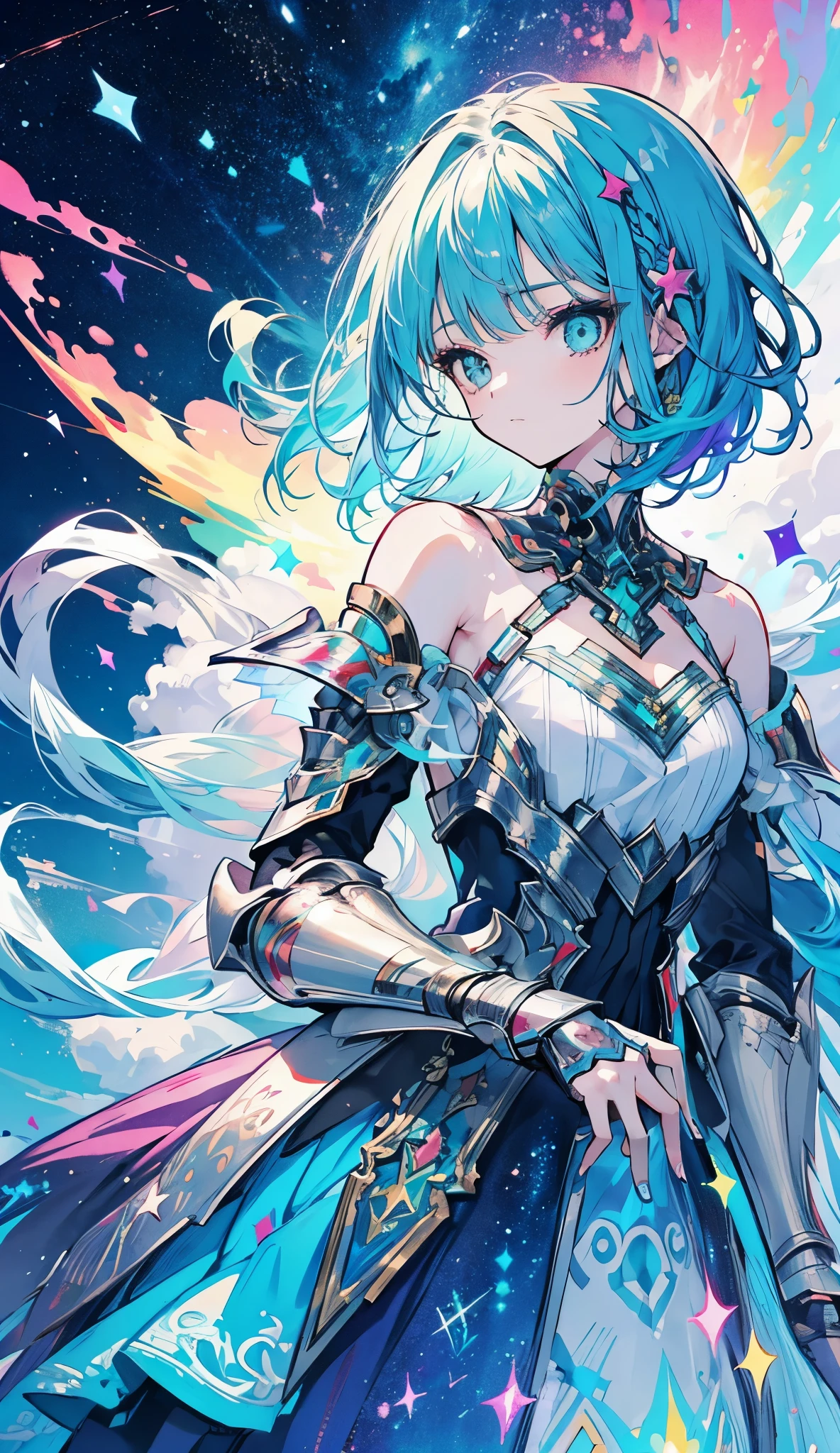 a girl with rainbow colored hair and detailed teal dress armor, standing, rainbow colored cosmic nebula background, stars, galaxies, intricate details, perfect face