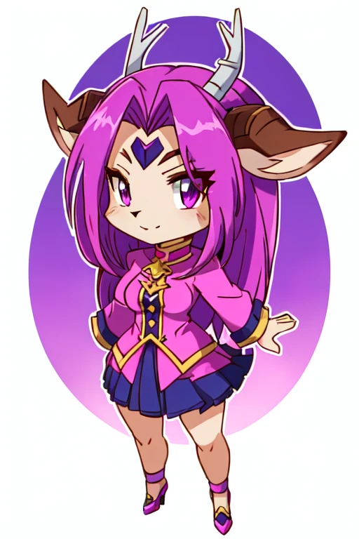 drawing of a cartoon character with a pink shirt and a purple shirt, full color drawing, chibi monster girl, shalltear from overlord, girl design lush horns, colored drawing, high quality colored sketch, detailed fanart, anthropomorphic deer female, anthropomorphic female deer, colored sketch, monstergirl, sombra from overwatch female furry pokemon 90s anime style