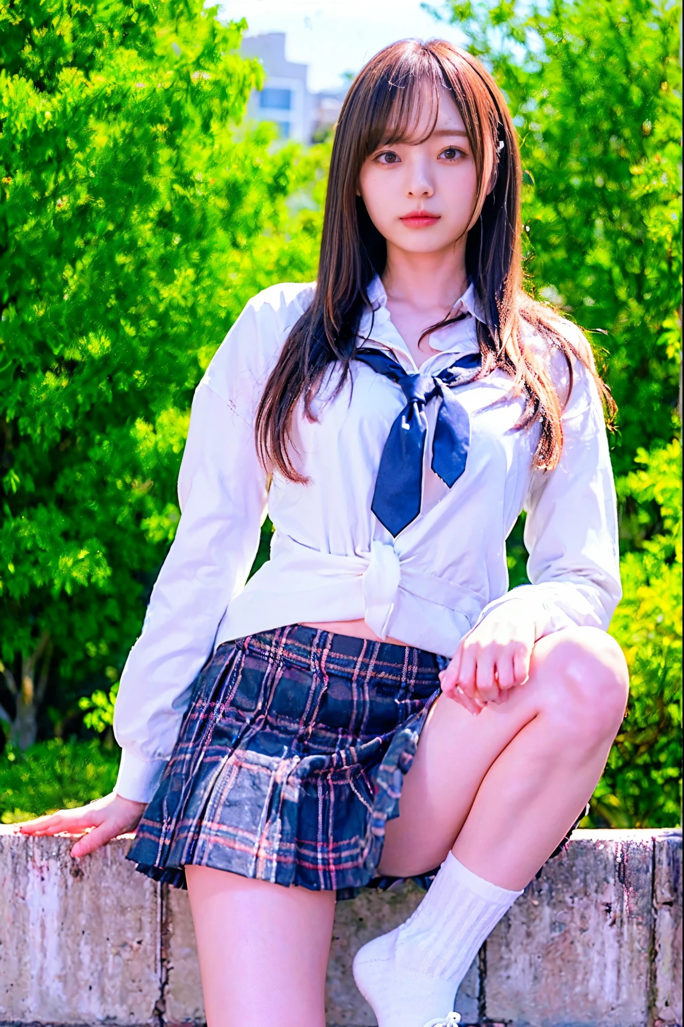 女の子1 person、(8k、 RAW Photos、Best Quality、Highest quality、 masterpiece:1.2)、( real、 real)、1 person、( medium hair、White shirt、tie、Breast enlargement、blue plaid mini short skirt、Thin legs、(Loose fitting socks、 wearing loose socks:1,2)、sneakers、View from the front、Looking into the camera、School grounds、( stand with your hands on your lower back, standing:1,2))、 cute、Show me your whole body、