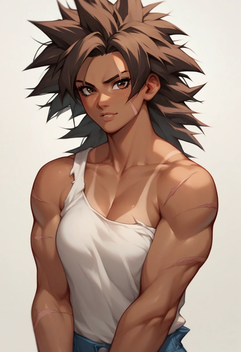 muscular, female, brown eyes, dark brown hair, messy hair, scars, Tan skin, 1girl, solo, broly, saiyan