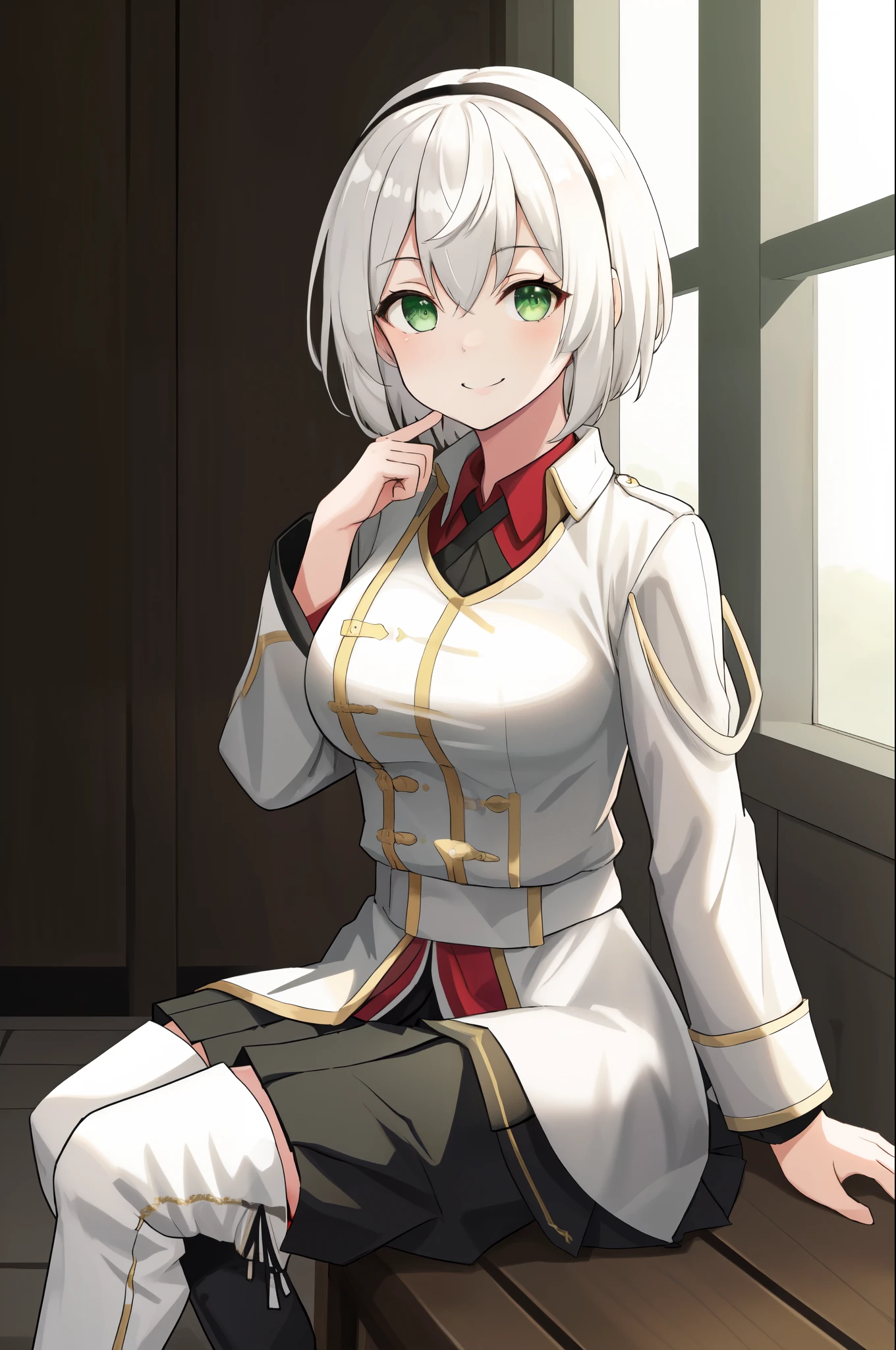  masterpiece ,  the best quality, highres,  1 girl, amnesia, green eyes, white hair, short hair, white coat, black skirt, pleated skirt, large breast, white jacket, red shirt, black garters, thighs, photorealistic boots , al aire libre,  sitting on a bench , smile