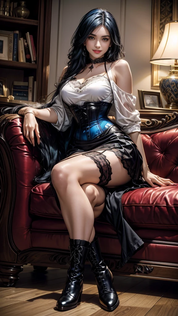 beautiful 20 year old girl sitting on a sofa, European beauty, dress,floral patterned corset,wide lace skirt,black boots,black collar, ((long blue hair loose)),face to camera,smiling expression with humour and mystery, (((long legs))).
