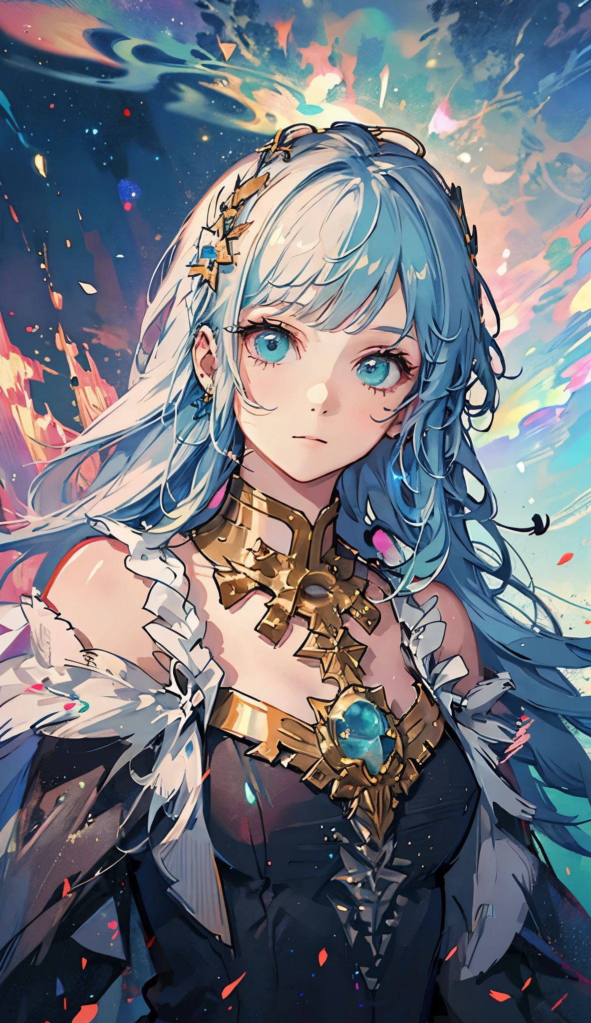 a girl with rainbow colored hair and detailed teal dress armor, standing, rainbow colored cosmic nebula background, stars, galaxies, intricate details, perfect face