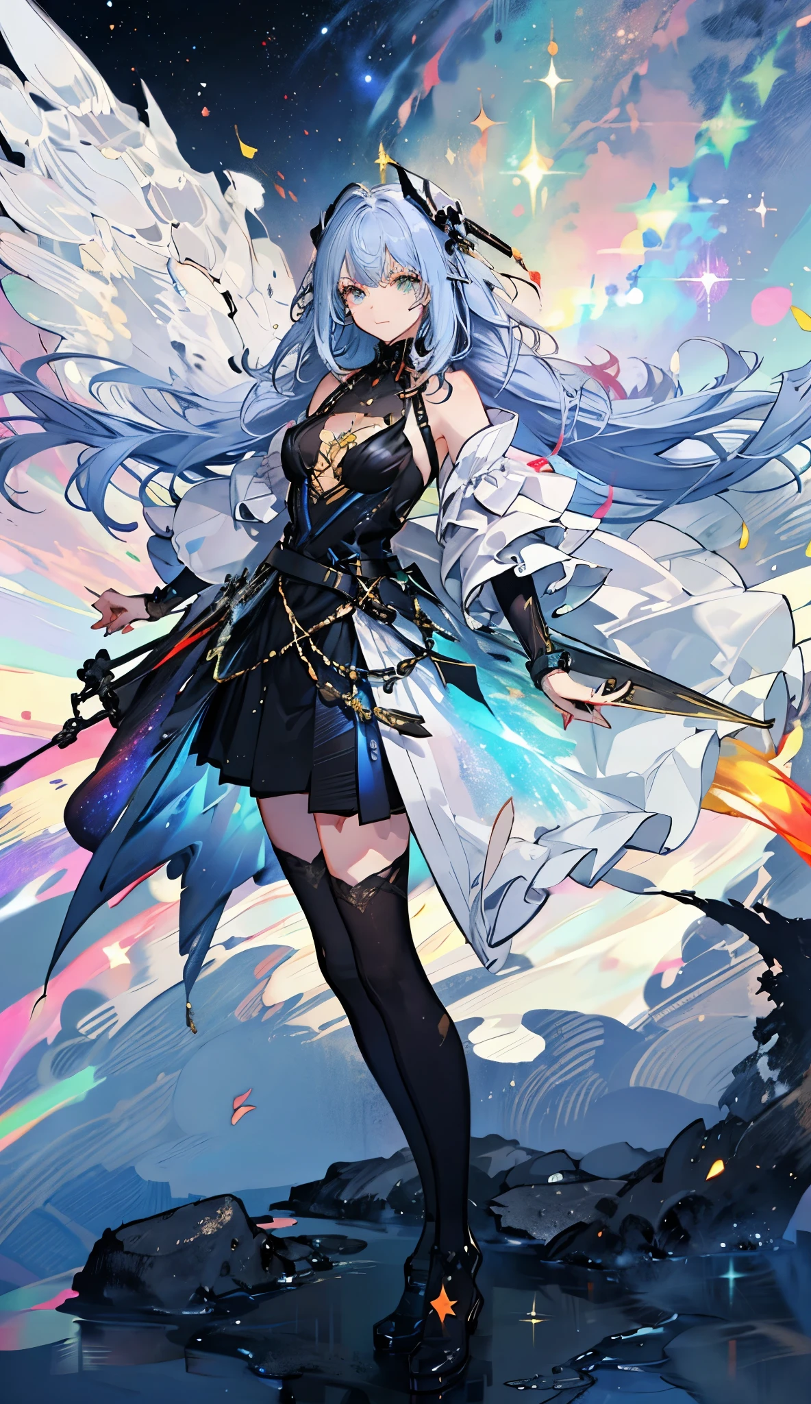 a girl with rainbow colored hair and detailed teal dress armor, standing, rainbow colored cosmic nebula background, stars, galaxies, intricate details, perfect face